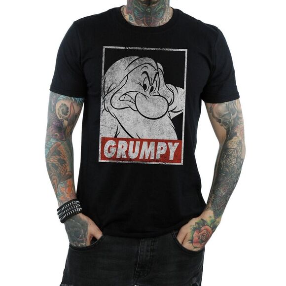 Snow White And The Seven Dwarfs Mens Grumpy Poster Cotton T-Shirt / Black - Picture 3 of 5